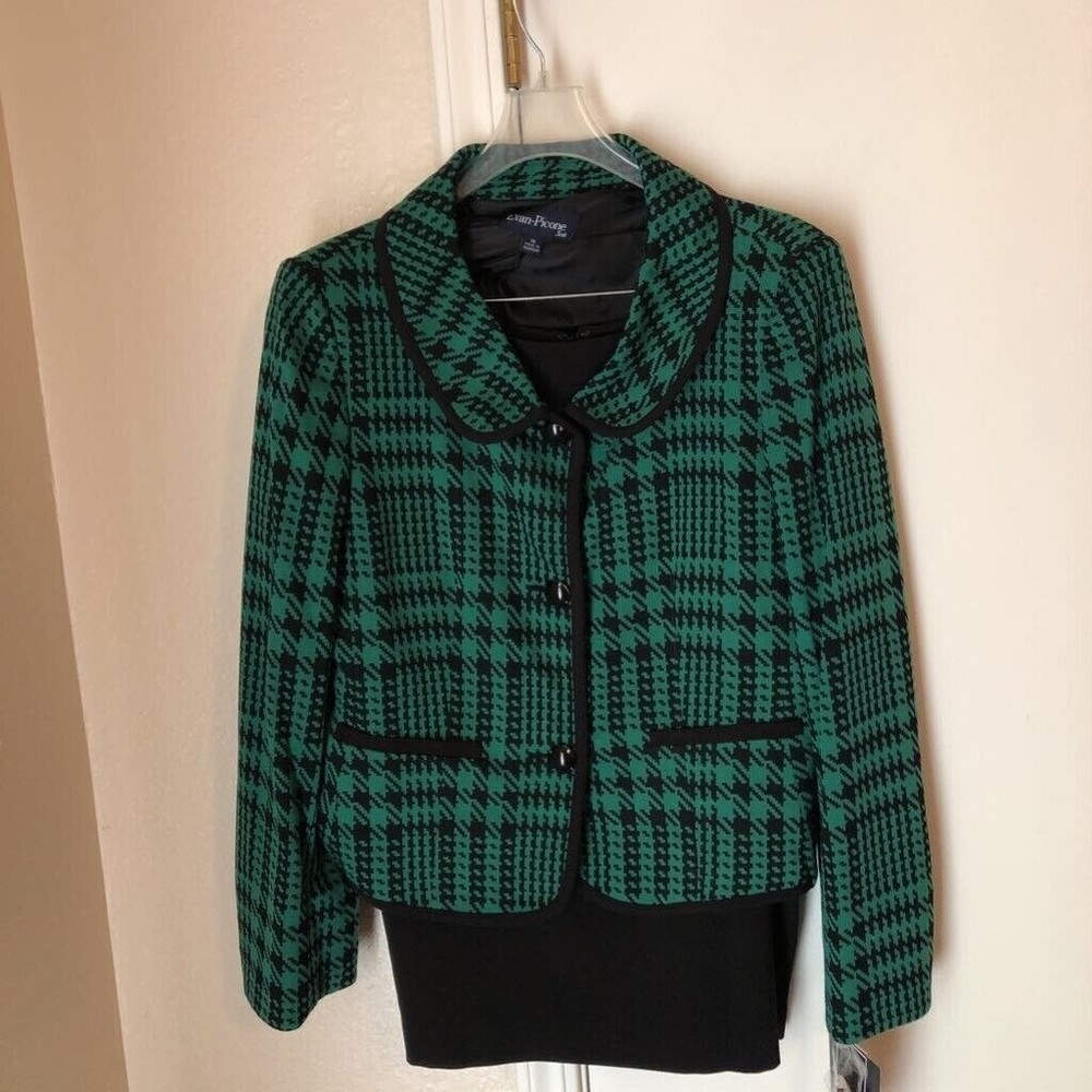 Evan Picone Womens 2 Piece Skirt Suit Green Houndstooth Peter Pan Collar 10 New